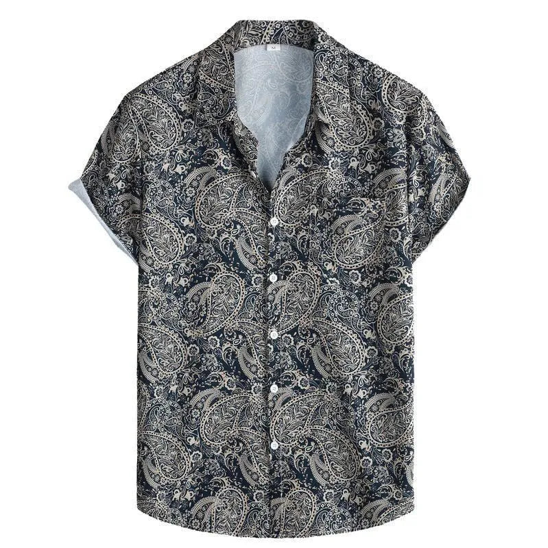 Men's slim fit short sleeve Hawaiian shirt with digital print pattern on stretch polyester fabric.