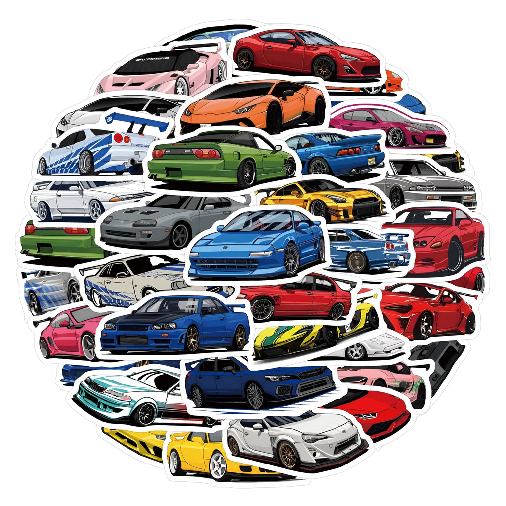 Sixty sports car graffiti vinyl stickers scattered, showing various 5-7cm car-themed designs.