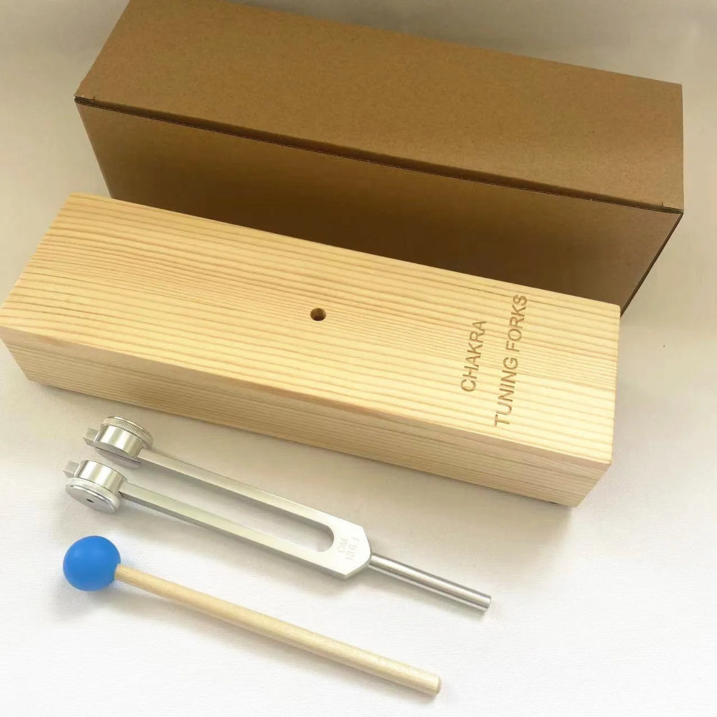 Aluminium alloy 432Hz tuning fork and portable speaker kit on a kraft paper box.
