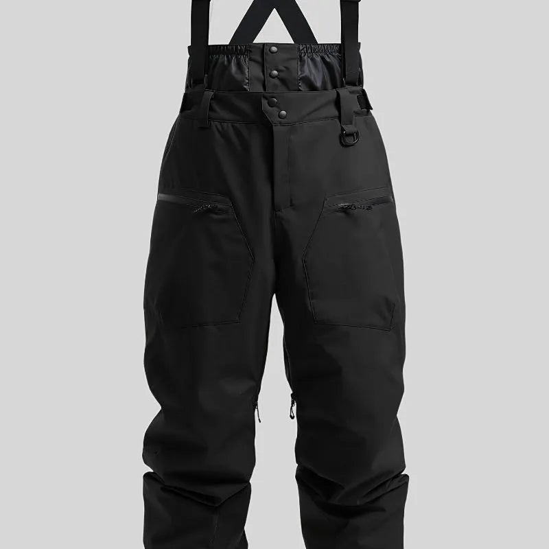 Men's black waterproof linen ski pants with waist strap and flame-retardant properties