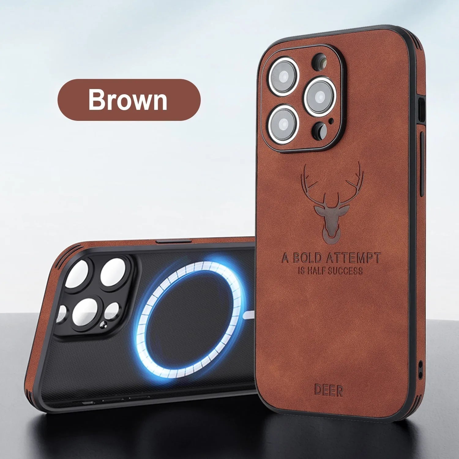 iPhone 16 magnetic charging case with embossed moose head design in imitation leather, shown in multiple colours.