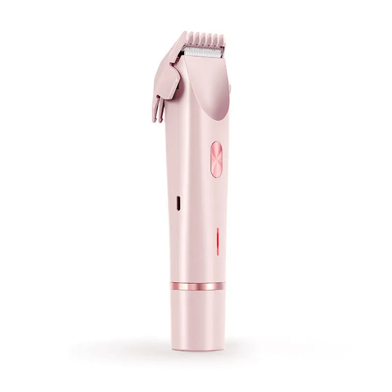 Pink women's electric hair trimmer with two detachable heads on a white background