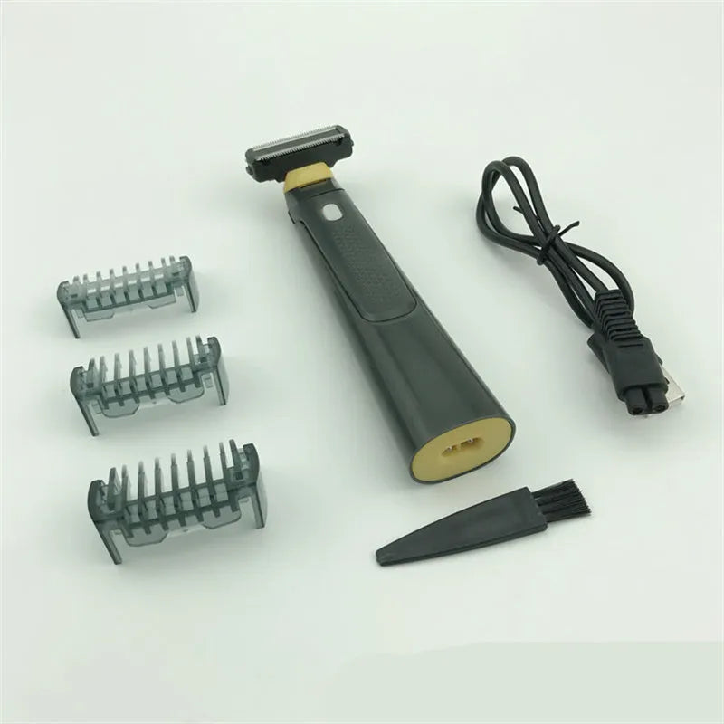 Black wireless rechargeable men's shaver with LED light on a compact stainless steel blade head