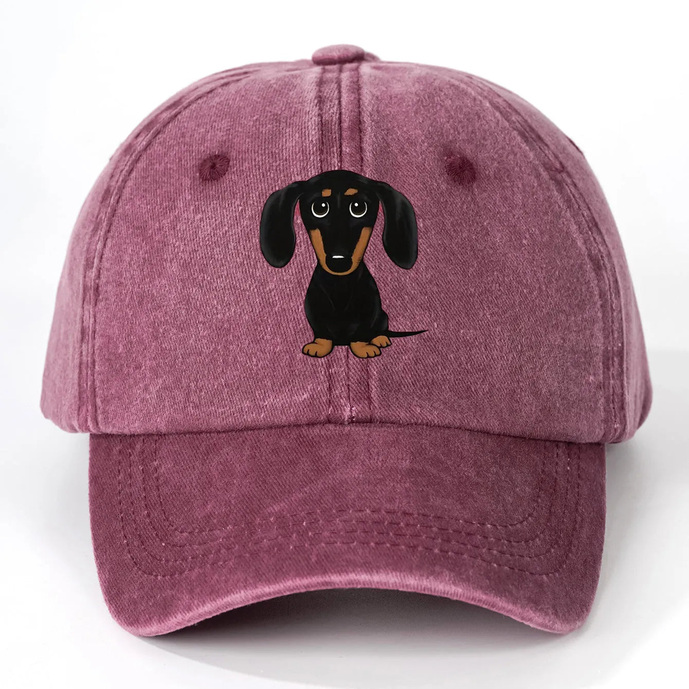 Retro washed baseball cap with Dachshund print machine embroidery on cotton fabric, adjustable 56-58cm size