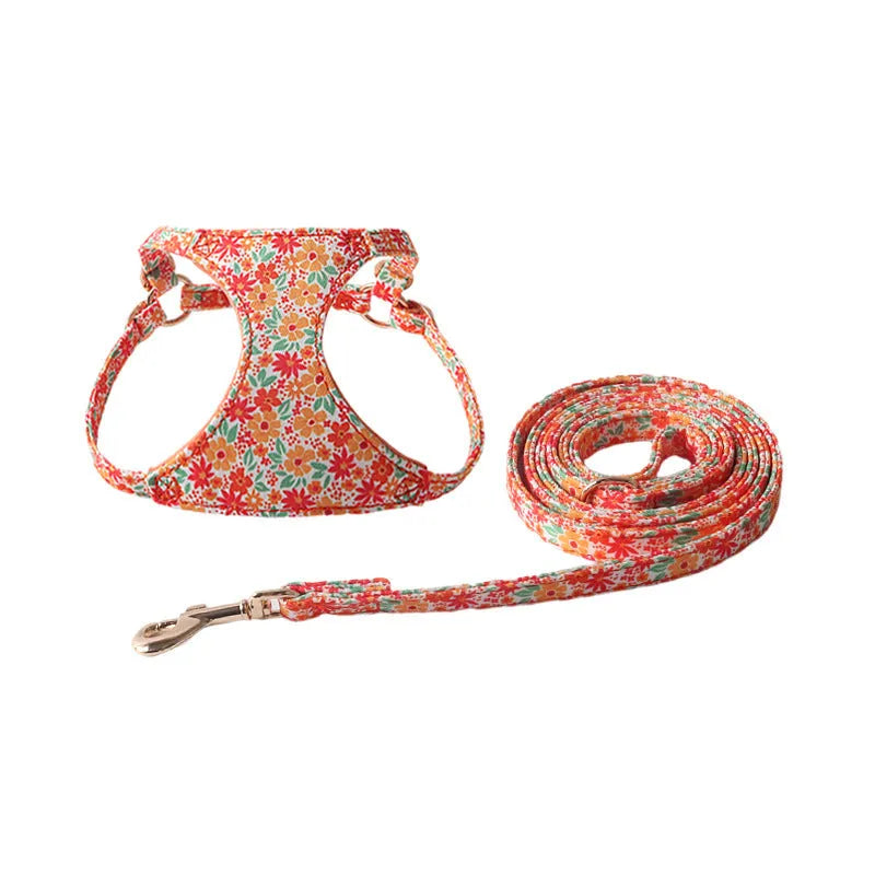 Floral pattern pet harness with matching leash for small dogs in multiple colour options