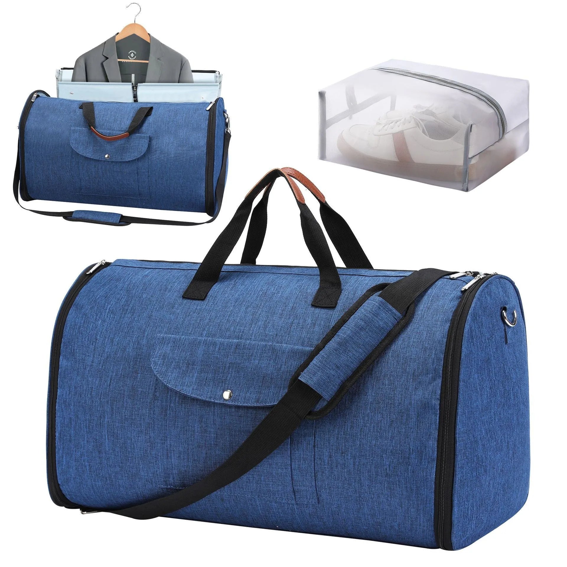 Dark blue folding duffel bag made of Oxford cloth for travel and gym use.