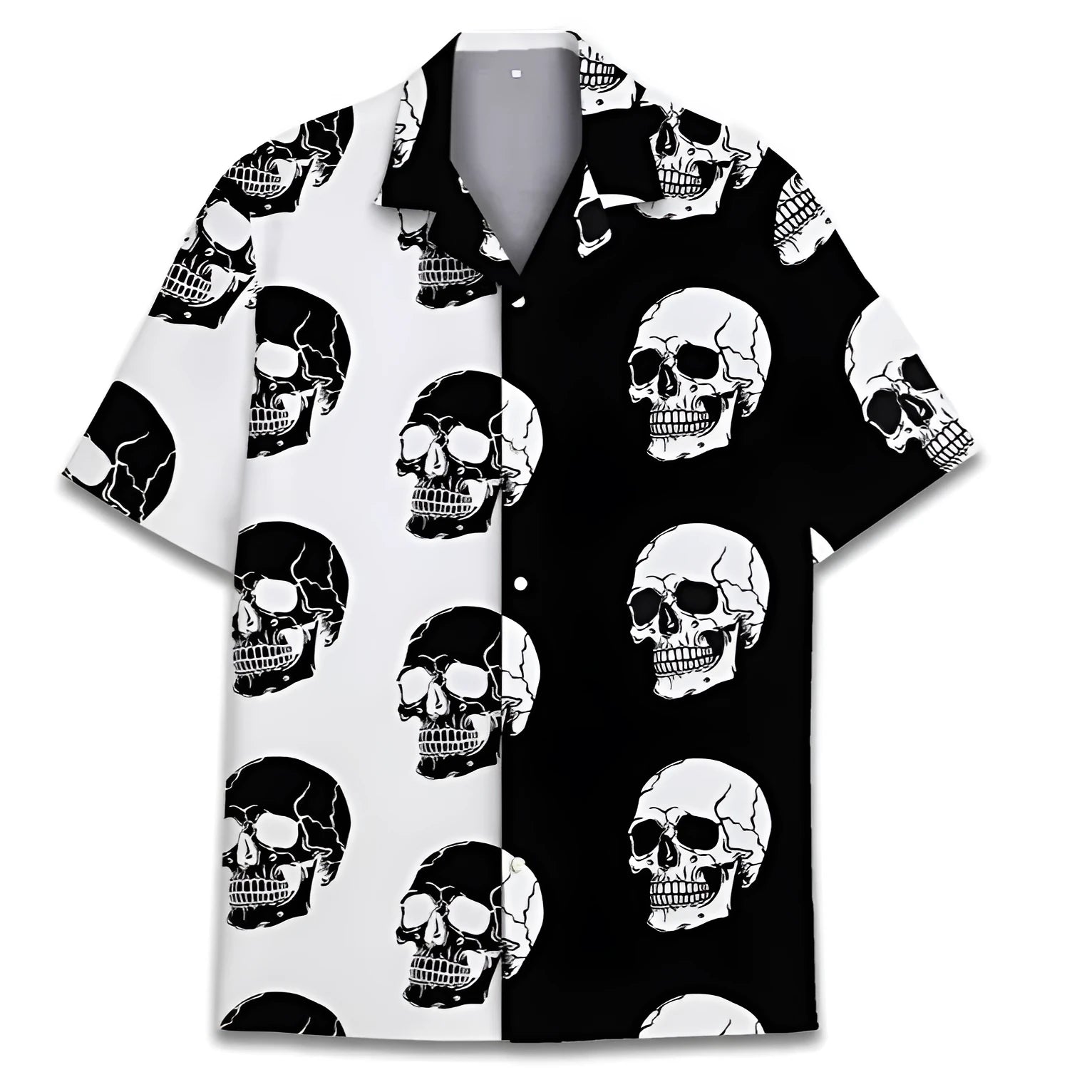 A man's short-sleeved Hawaiian shirt with a Cuban collar, showcasing a digitally printed pattern on lightweight polyester fabric.