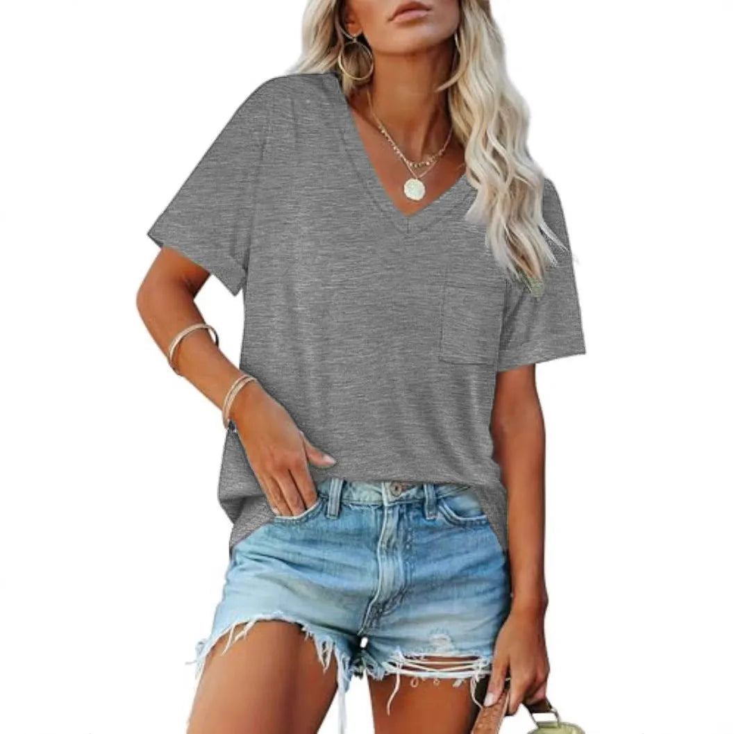 Grey men's loose fit V-neck t-shirt with a chest pocket, short sleeves, on a solid background.