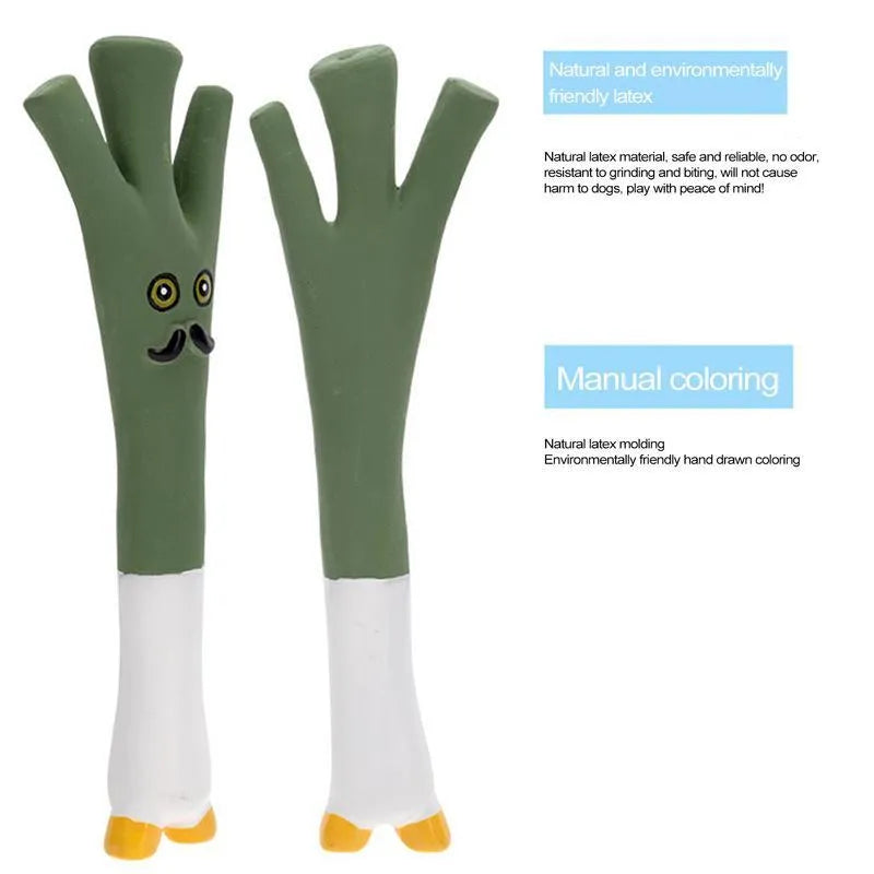 Latex vegetable dog chew toy with cartoon onion and eggplant design measuring 7x5x13cm