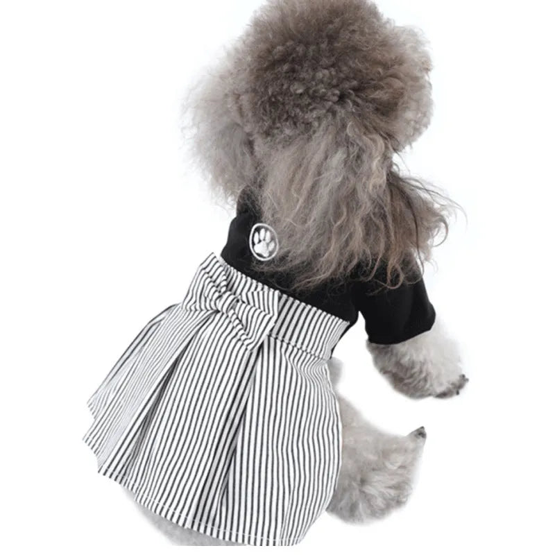 Thin cotton dog clothes shown as a skirt style and four-foot pants style for small breeds like poodles.
