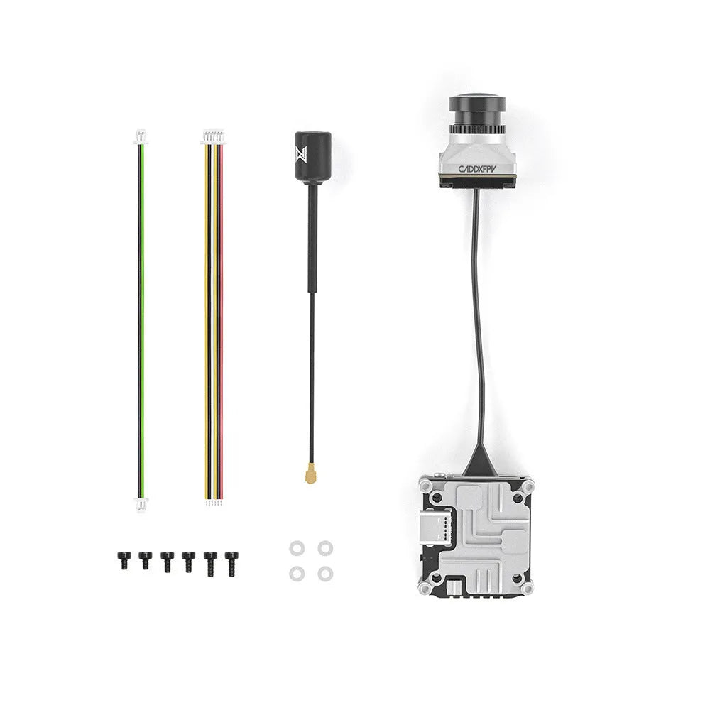 Silver aluminium Caddx Vista DJI FPV adaptor kit with M2 screws, spacers, and wiring harnesses