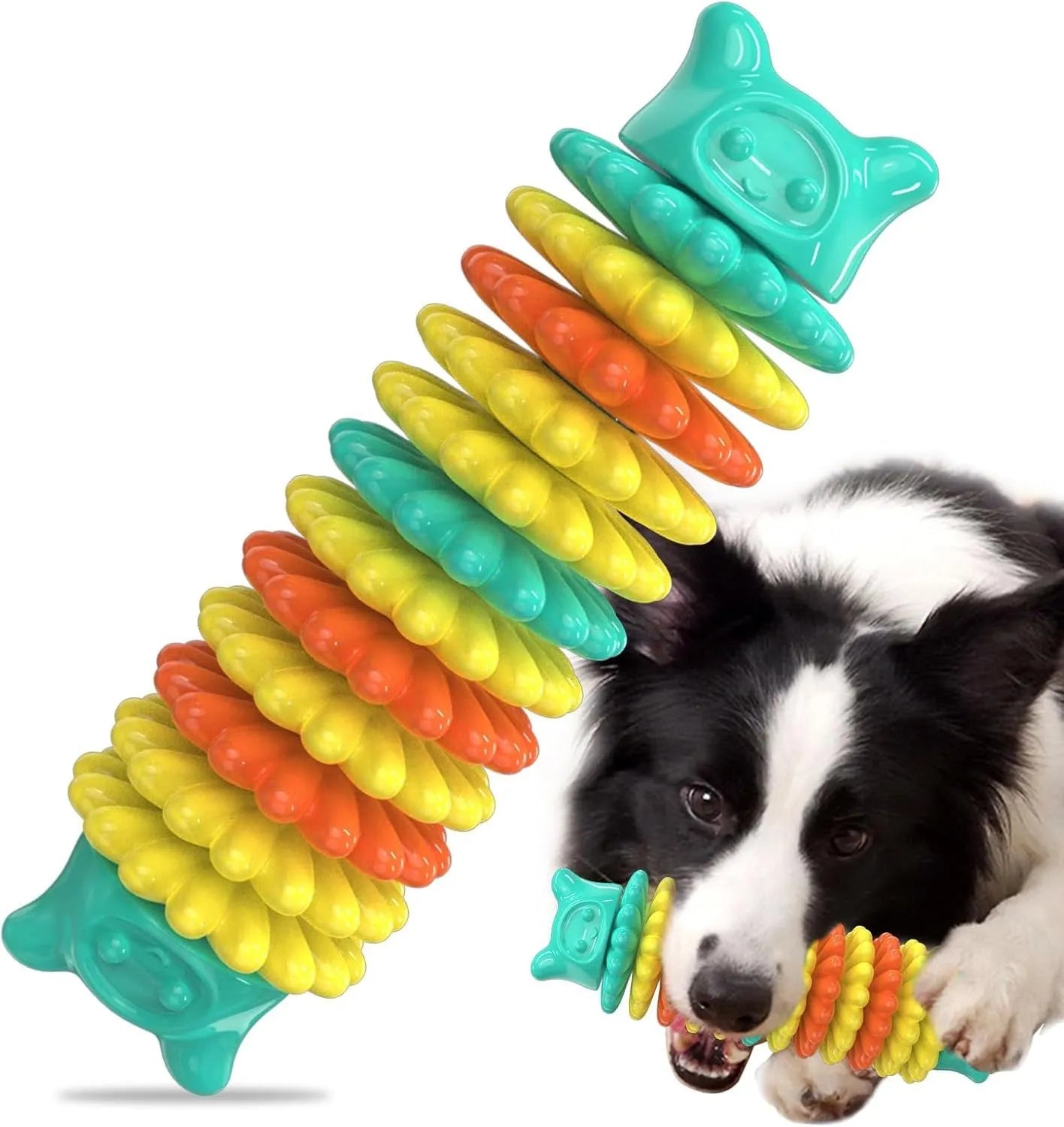 Blue green pink rubber caterpillar shape dog chew toy for aggressive chewers on a white background.