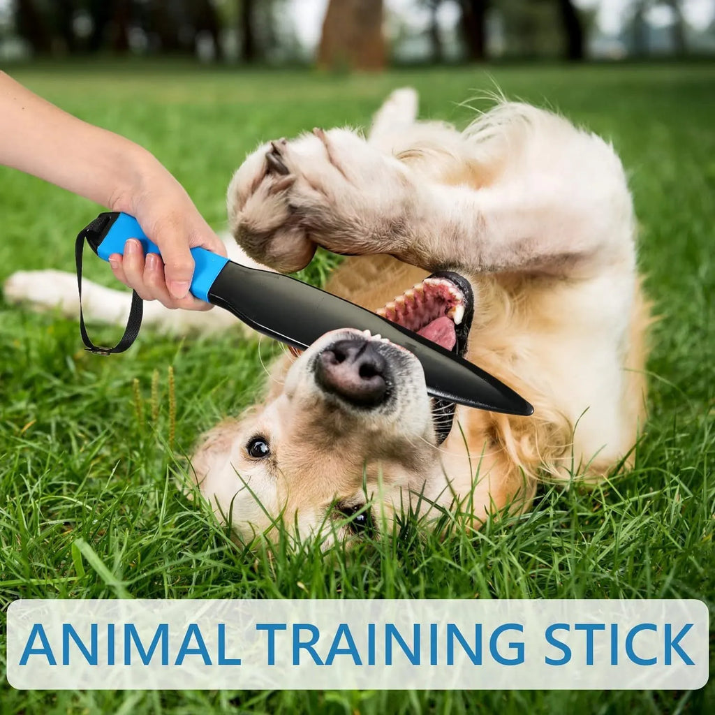 Blue handled nylon dog break stick for training, shown next to a measuring tape indicating 35 cm length.