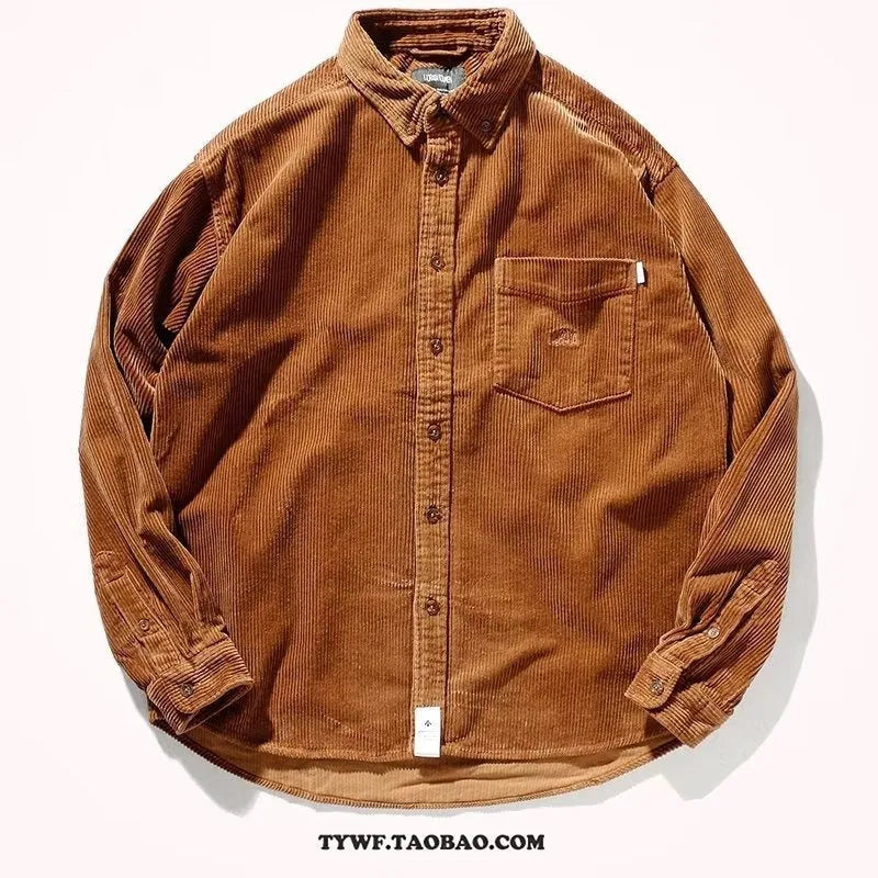Men's caramel loose corduroy shirt with long sleeves in a cardigan style
