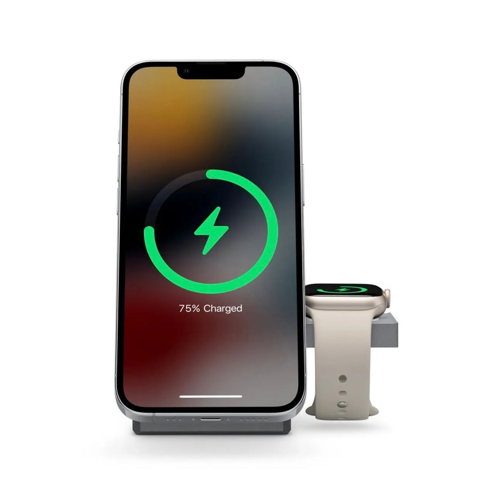 Foldable magnetic wireless charging station for iPhone, AirPods and Apple Watch showing USB-C port and compact design