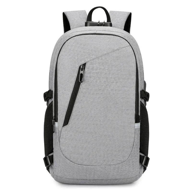 Blue unisex Oxford cloth computer backpack with a street style design, shown from the side.