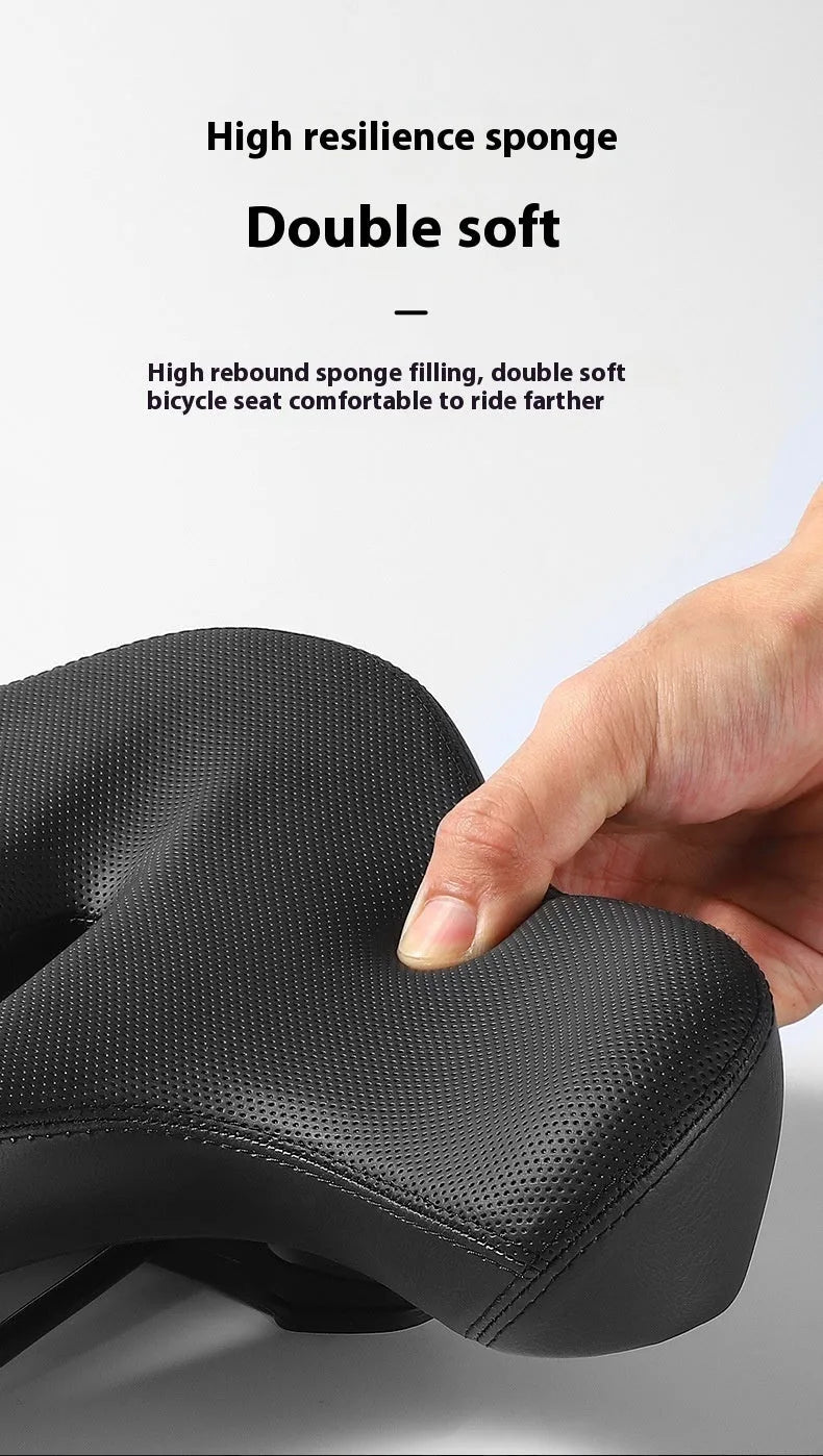 Black leather bicycle seat cushion with polyurethane foam filling for shock absorption on a bike saddle.