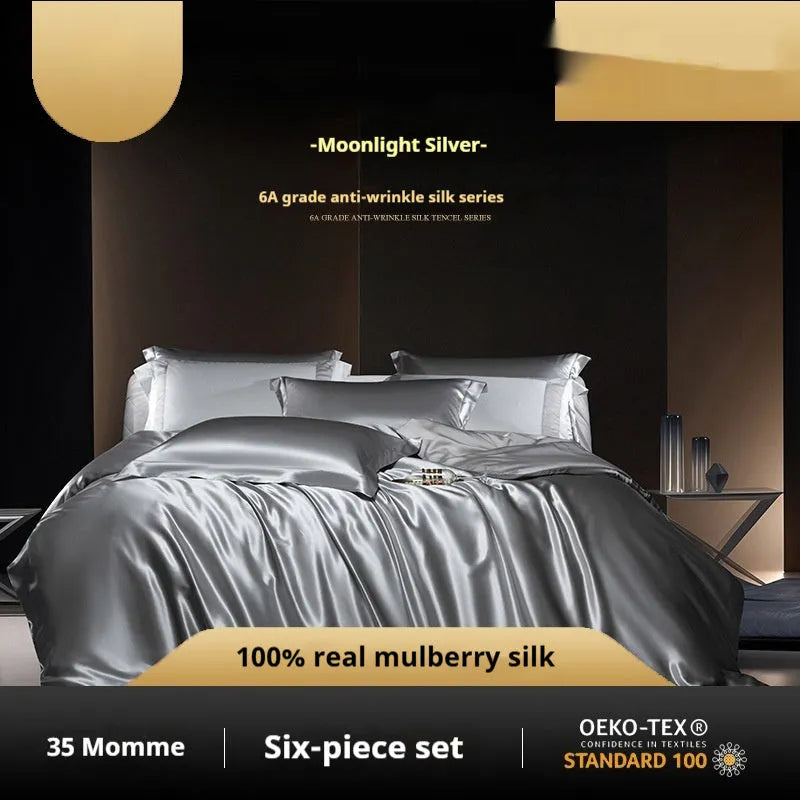 Household Fashion solid colour silk duvet cover and pillowcases on a bed, showing concealed zip detail.