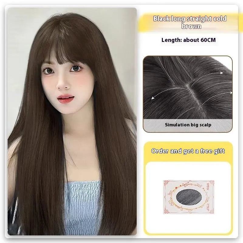 Forehead lace long straight wig with side bangs in high temperature fibre material