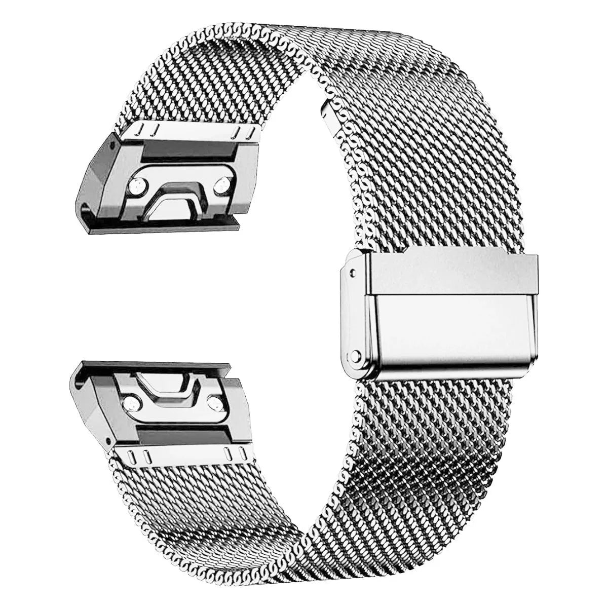 Stainless steel watch strap with card slot for Garmin Fenix smartwatch in silver finish.