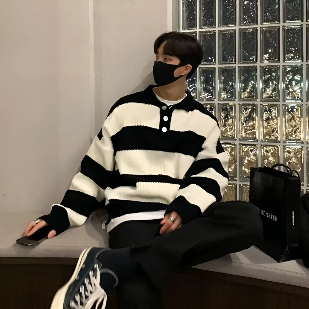 Men's loose fit striped pullover sweater coat in black and grey colours