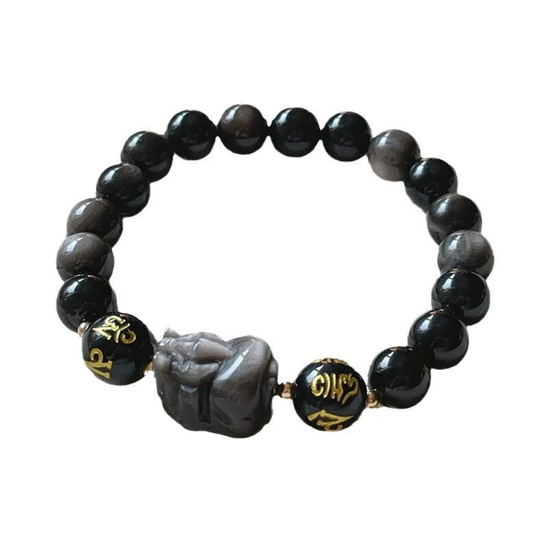 Men's silverstone bracelet with beadwork featuring Chinese proverbs, on a wrist.