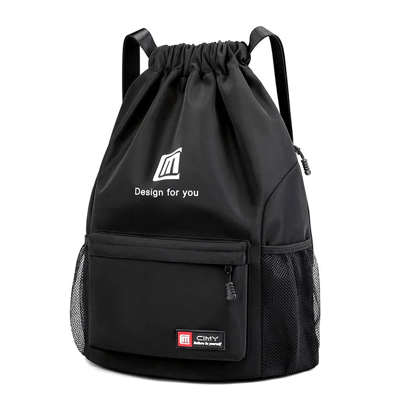 Oxford drawstring backpack in bucket shape with pull-cord closure and water-repellent fabric