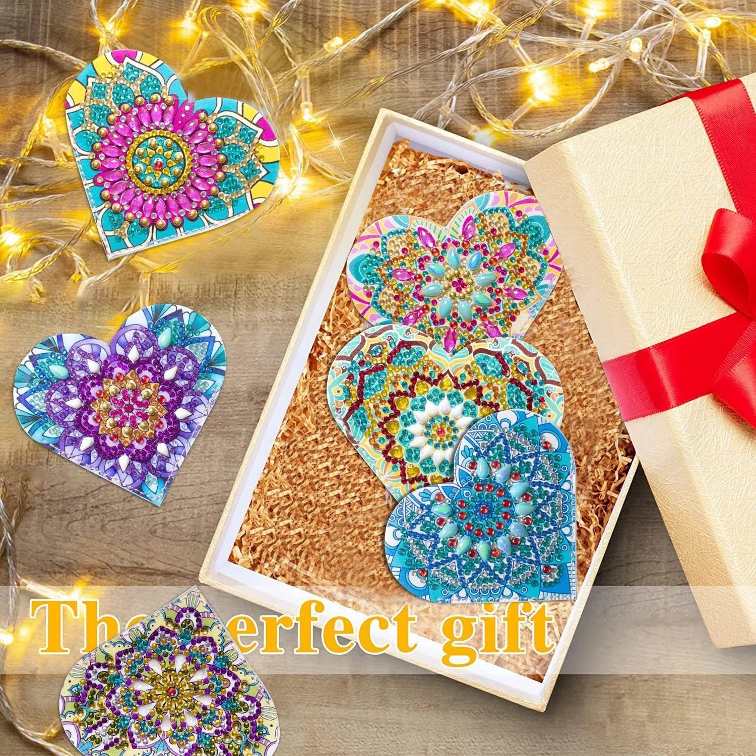 Six handmade PU leather bookmarks with crystal flower cornerite designs on a surface.