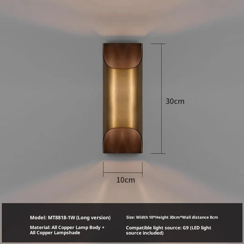 Modern minimalist full copper wall lamp in brushed copper finish, square shape, 20cm x 20cm size