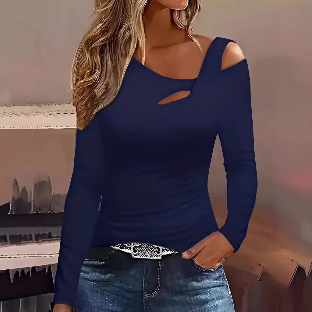Women's hollow out shoulder long-sleeved t-shirt in slim fit polyester, shown in black, white, and dark blue