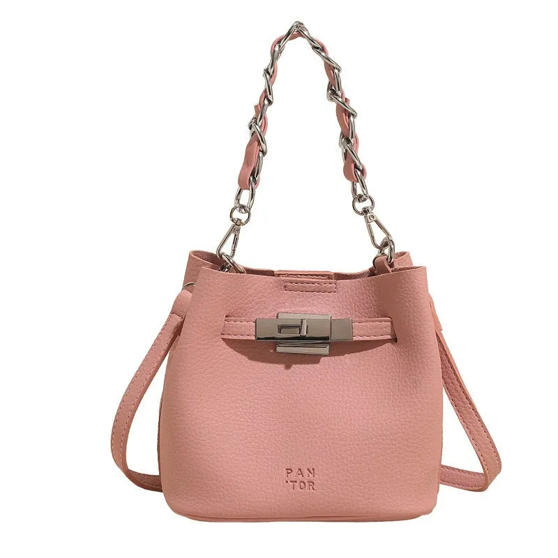 Soft PU leather retro shoulder bucket bag in black colour with internal organiser pockets