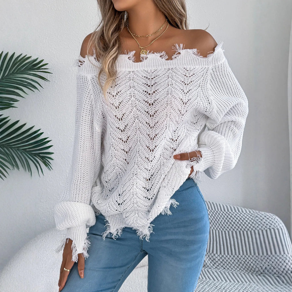 Women's white hollow-out knit pullover sweater with an off-the-shoulder neckline