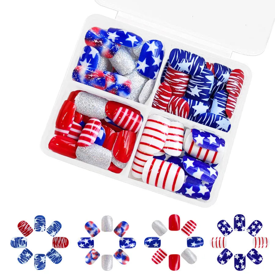 Red and blue glitter nail tips with Independence Day designs and European square styling