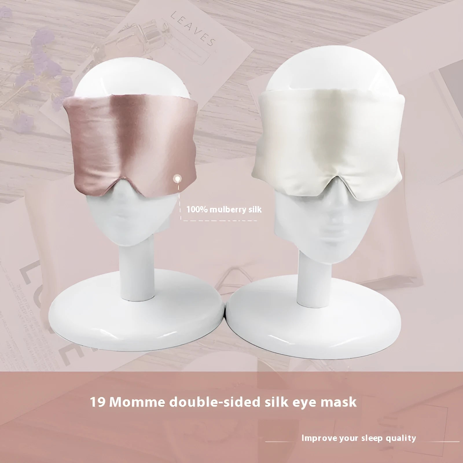 Mulberry silk sleep eye mask shown in one of seven colours: black, gold, blue, gray, white, pink, or green.