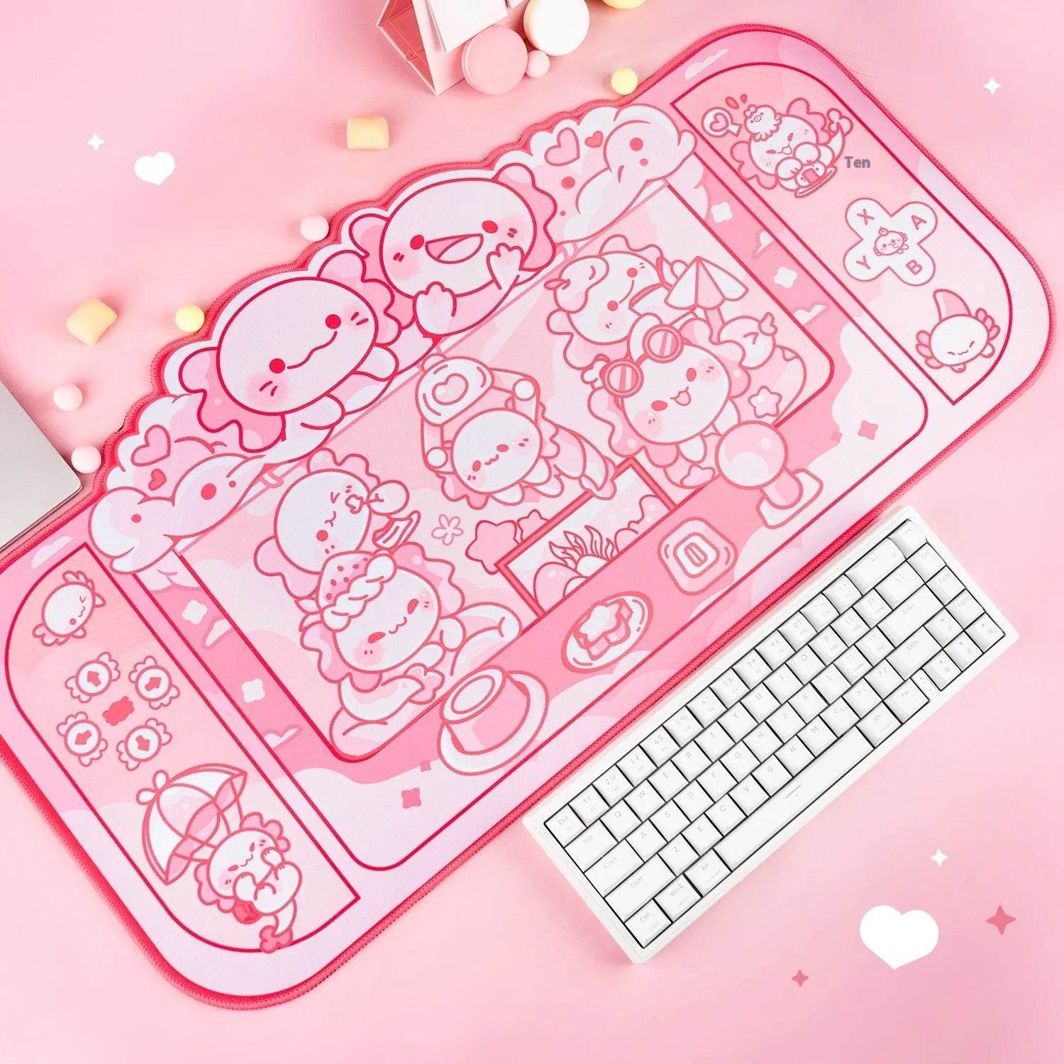 Hexagonal dragon crane machine cartoon anime large cloth mouse pad on a desk.