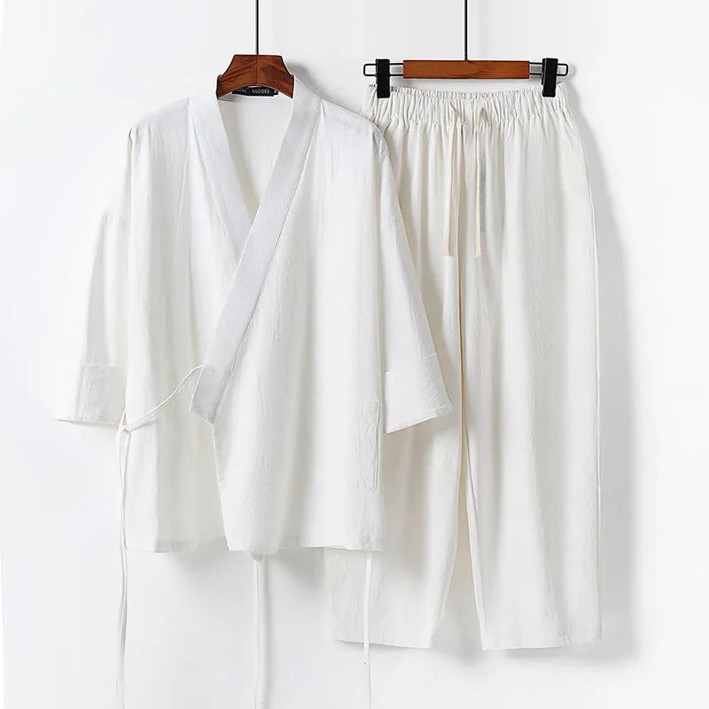 Cardigan-style Hanfu two-piece suit in cotton and linen, shown in apricot colour with shirt-style jacket and trousers.