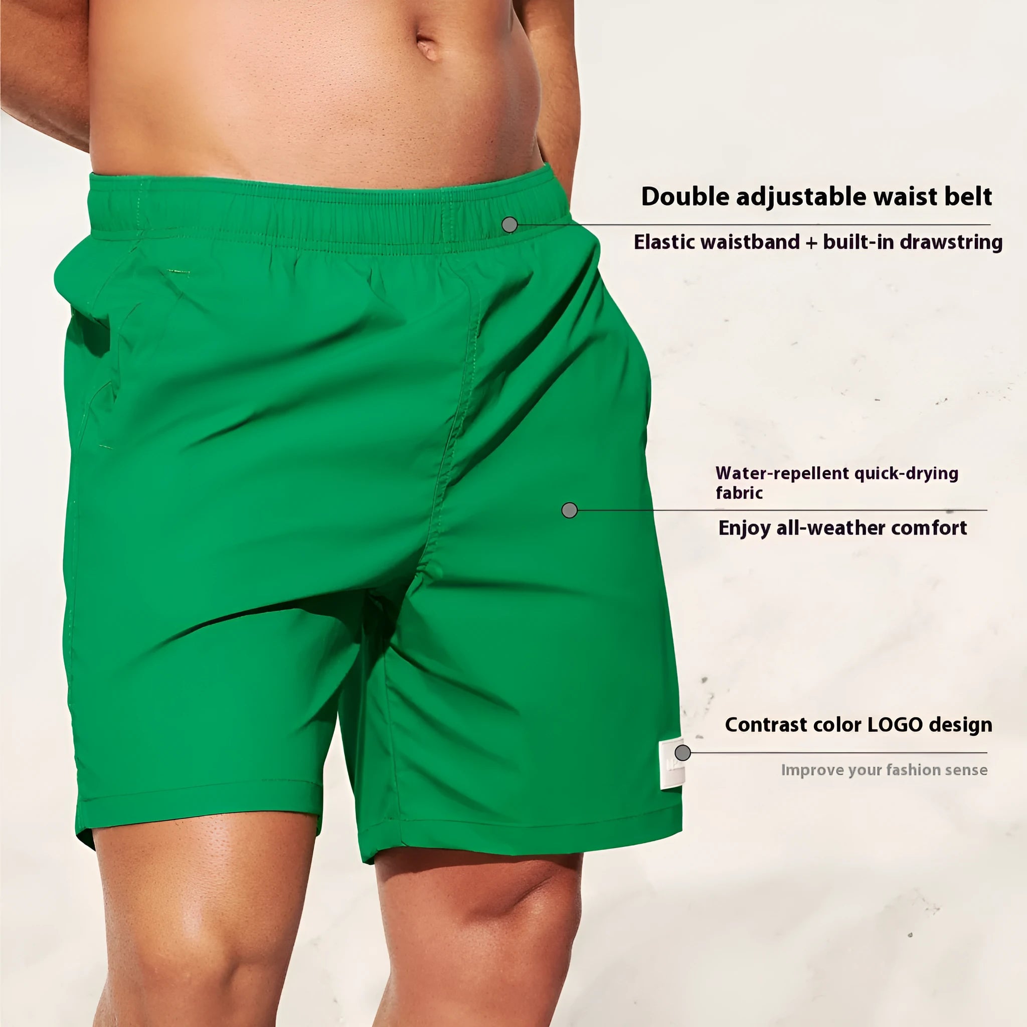 Men's solid colour quick-drying nylon sports shorts on a man, showing straight leg opening.