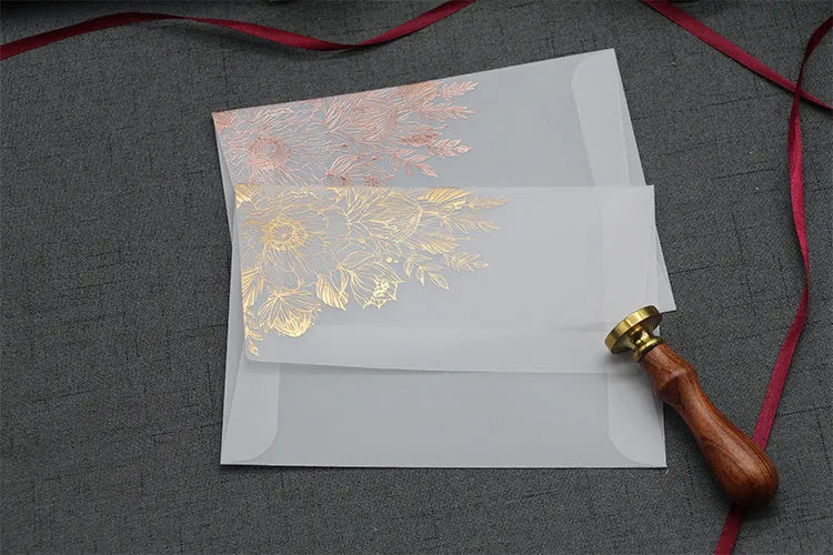 Gold and rose gold sulfuric acid paper invitation cards with bronzing matte varnish finish.