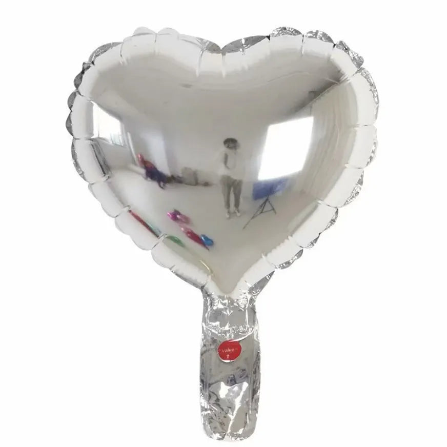 Set of five shiny metallic peach heart-shaped aluminium foil balloons in red and silver