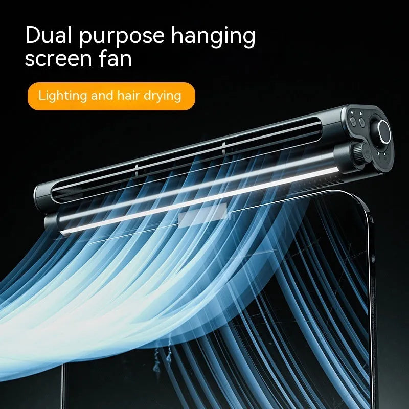 Black bladeless USB fan clipped onto a laptop screen, with an integrated lighting lamp.