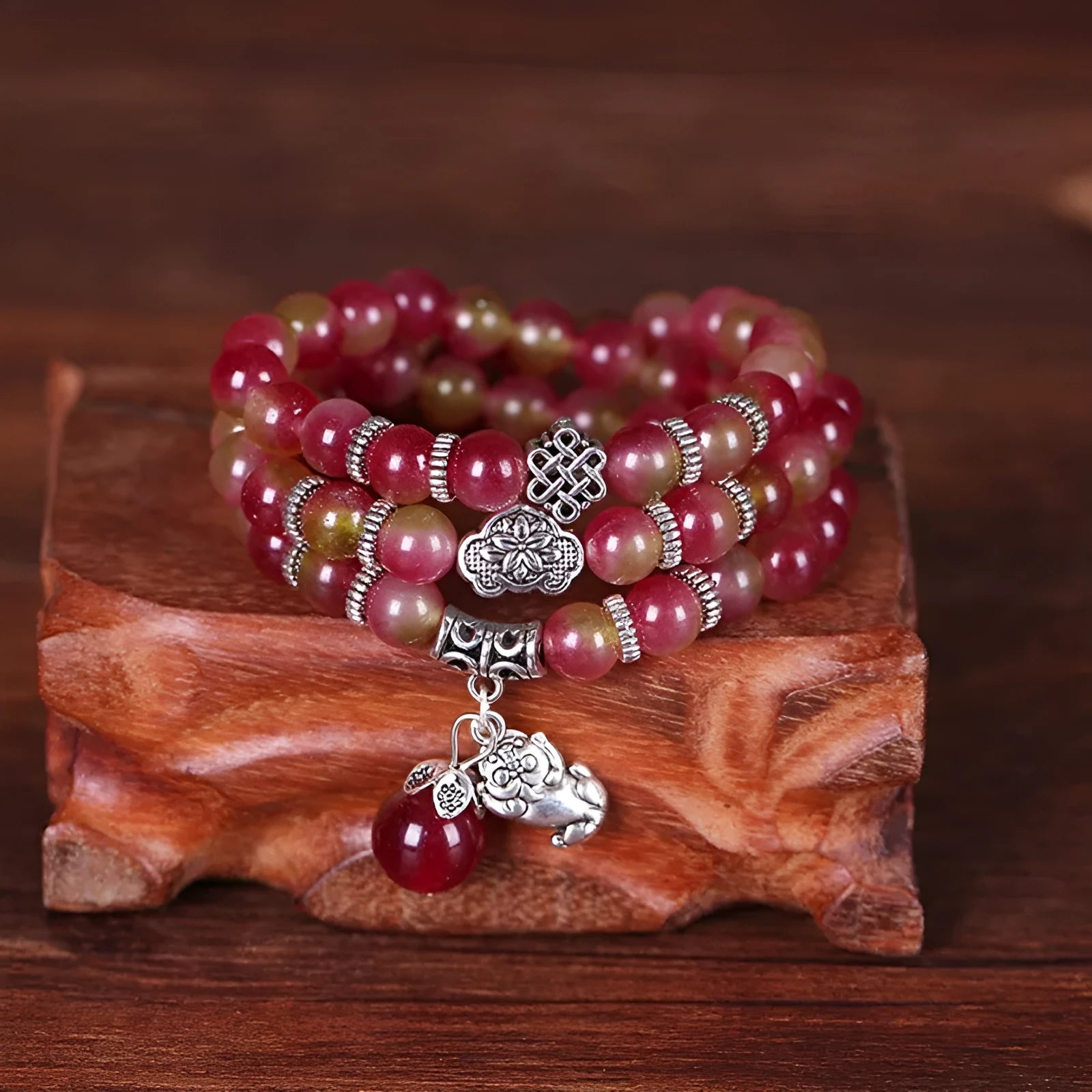 Handmade watermelon crystal bracelet with Chinese knot in 8mm or 6mm elephant style beads.