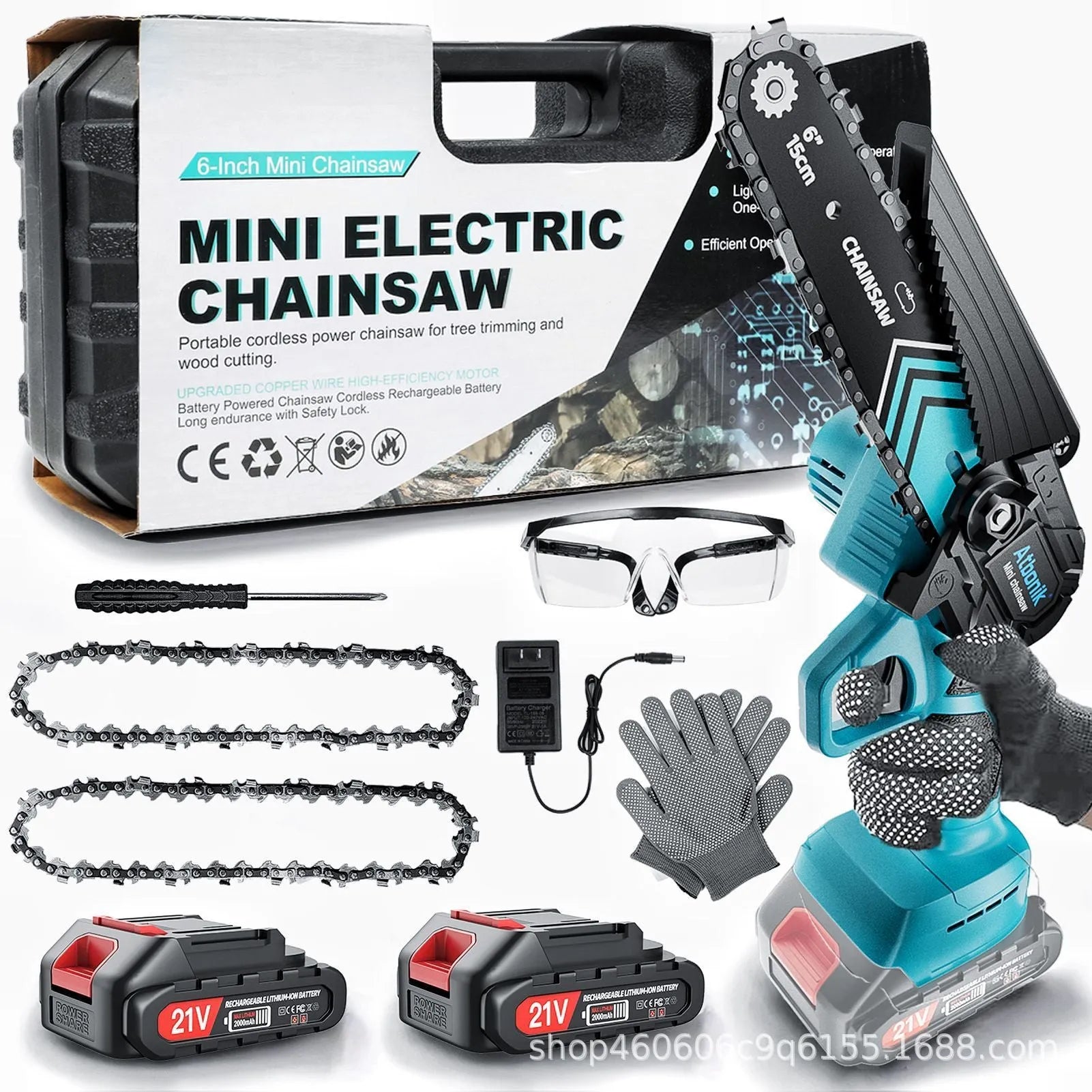 Handheld wireless mini chainsaw with 6-inch chain, two batteries, safety goggles, gloves, and storage case.