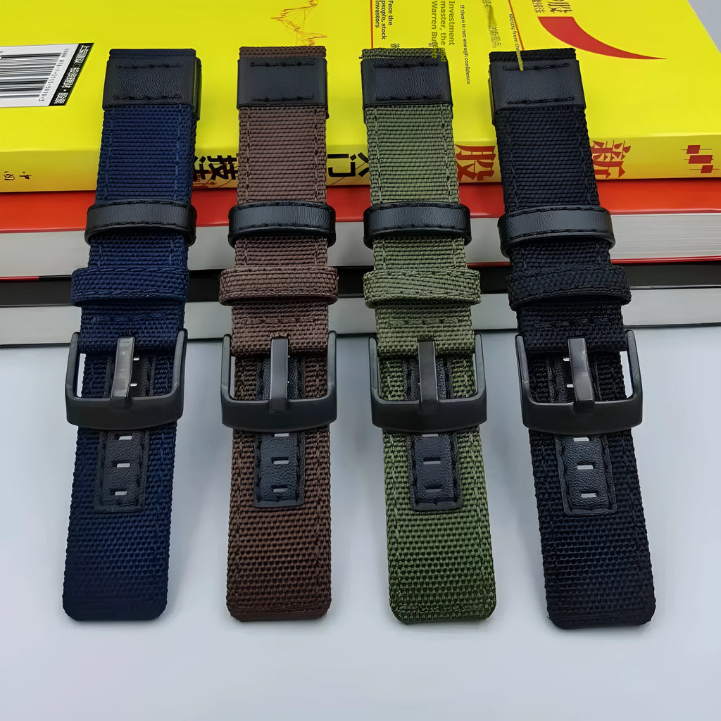 Oxford cloth replacement watch strap in army green showing short and extended length options for 20mm, 22mm, 24mm widths.
