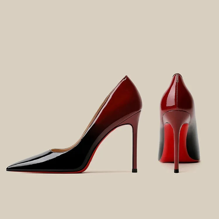 Patent leather black red gradient high heels with stiletto heel and pointed toe in super high heel style