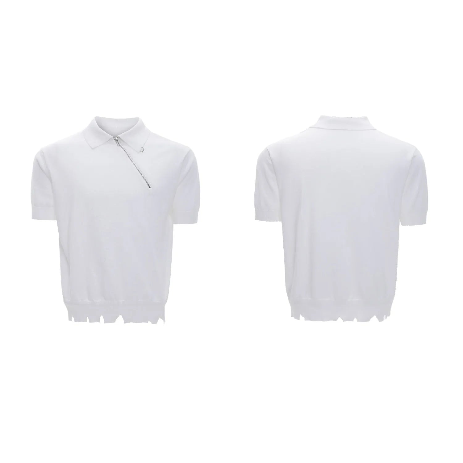 Man modelling a slim-fit black knitted polo shirt with an oblique zip closure and short sleeves.