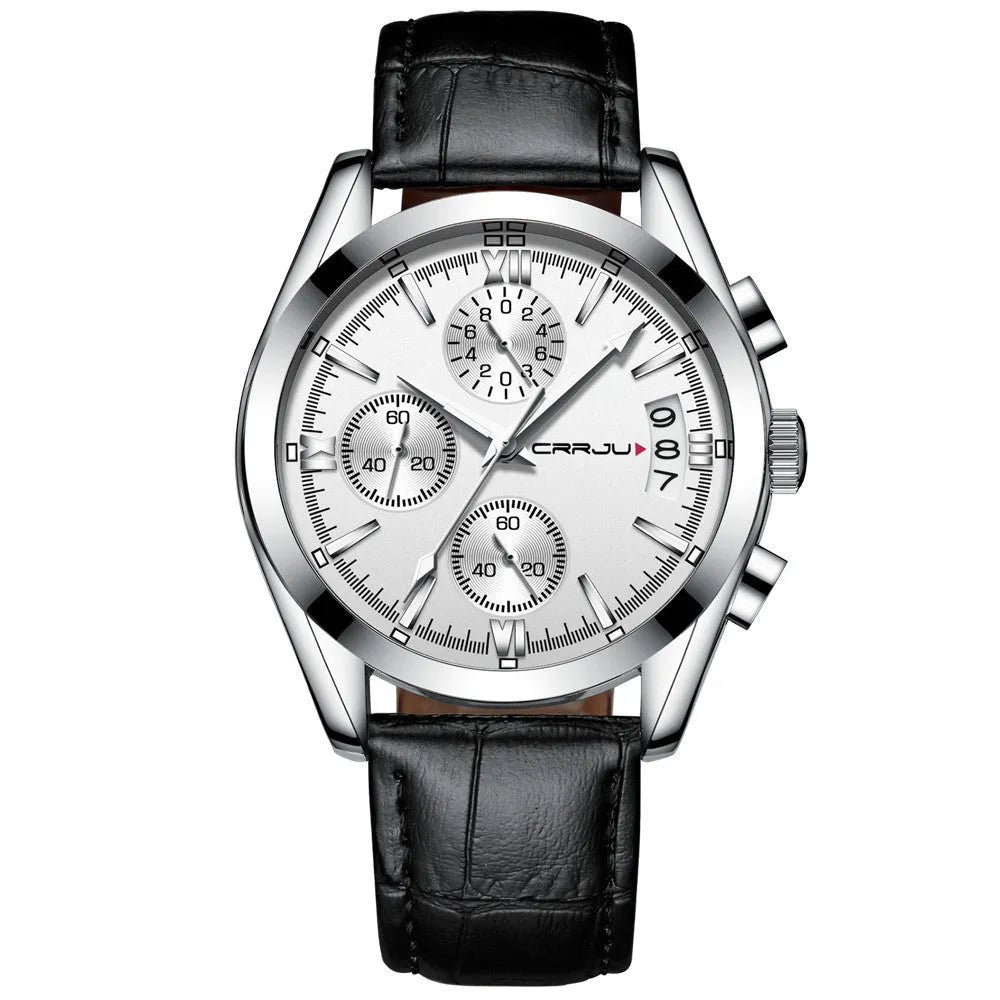 Men's multi-functional quartz watch with black shell and rose gold hands on a brown leather strap