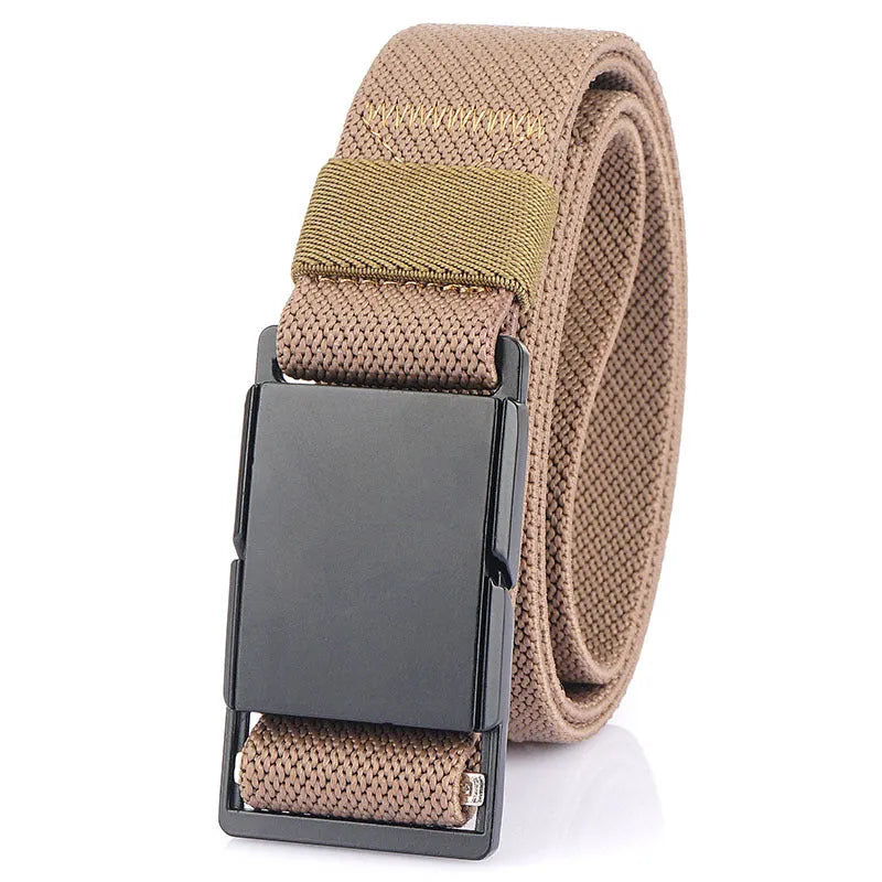 Metal magnetic buckle casual belt in polyester fibre, shown in one of five colours.