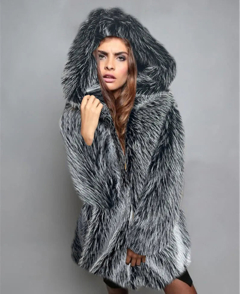 Women's loose silver grey artificial fur mid-length coat with an oversized fit.
