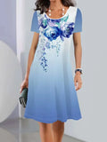 Women's light blue floral print Ice Silk mid-length dress with short sleeves and round neck.