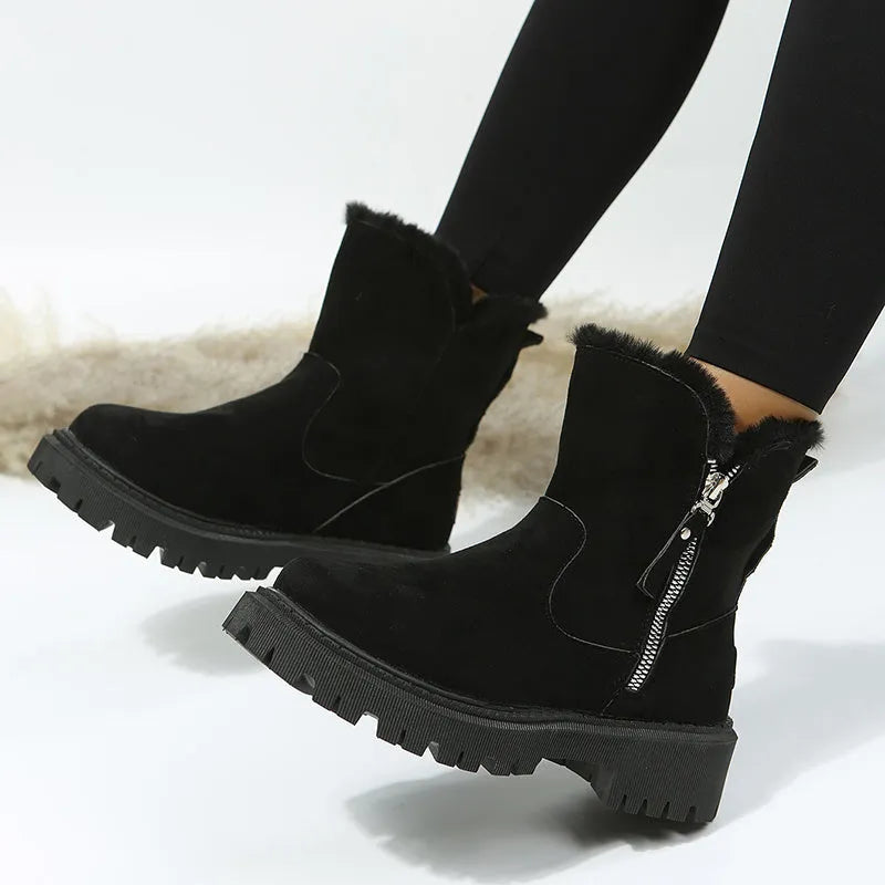 Women's black thick plush high-top snow boots with a side zipper and rubber sole